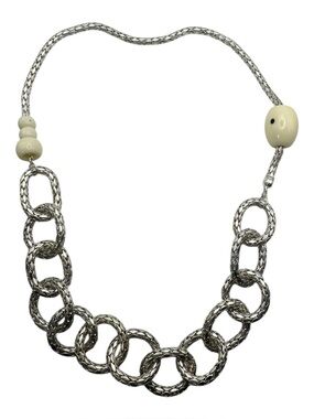 Vintage Silver Tone Chunky Textured Round Link Chain Necklace Ivory Toned Beads